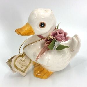 Vintage Lefton Duck Duckling Figurine Flower With Original Tag